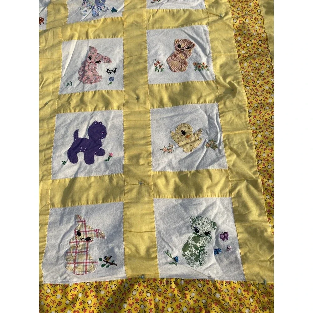 Vintage Homemade Patchwork Quilt Artistic Animals Yellow Unique Cute 70 x 80 in.